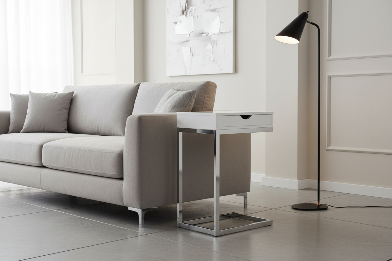 TABLE D'APPOINT - MÉTAL CHROME / BLANC BRILLANT AVEC TIROIR