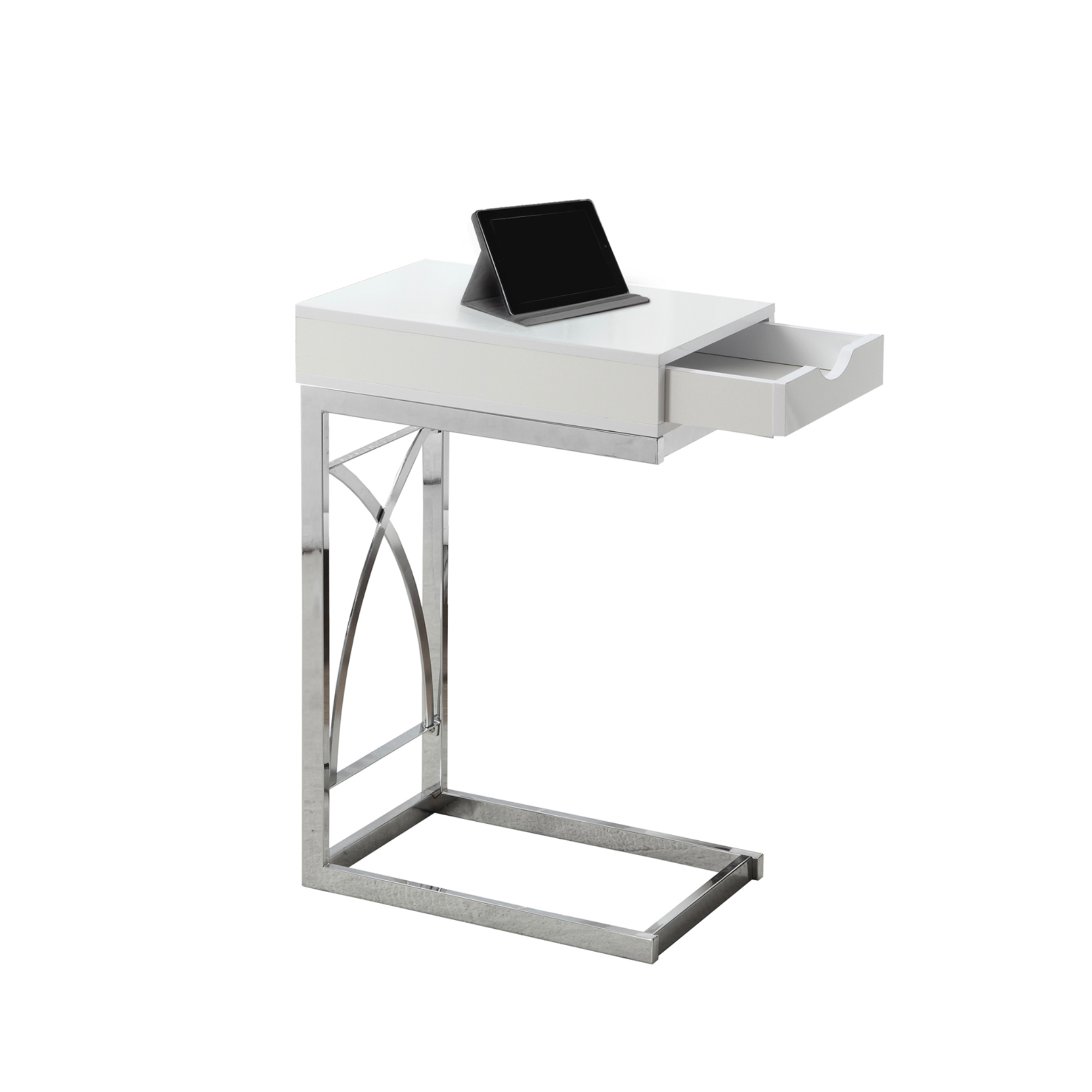 ACCENT TABLE - CHROME METAL / GLOSSY WHITE WITH A DRAWER