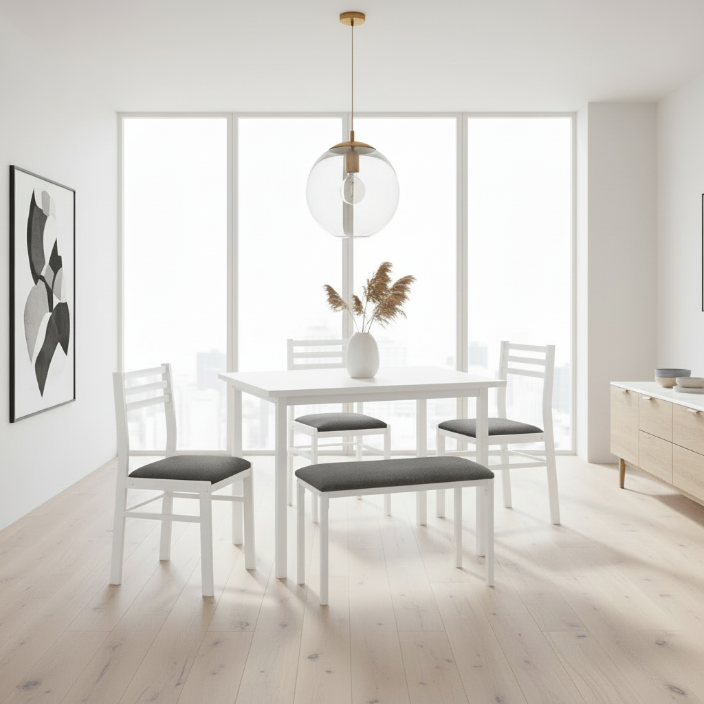 ENSEMBLE DE SALLE À MANGER - ENSEMBLE 5 PIÈCES / PLATEAU BLANC / MÉTAL BLANC