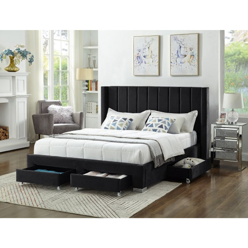 IF-5313 Black Velvet Fabric Wing Bed