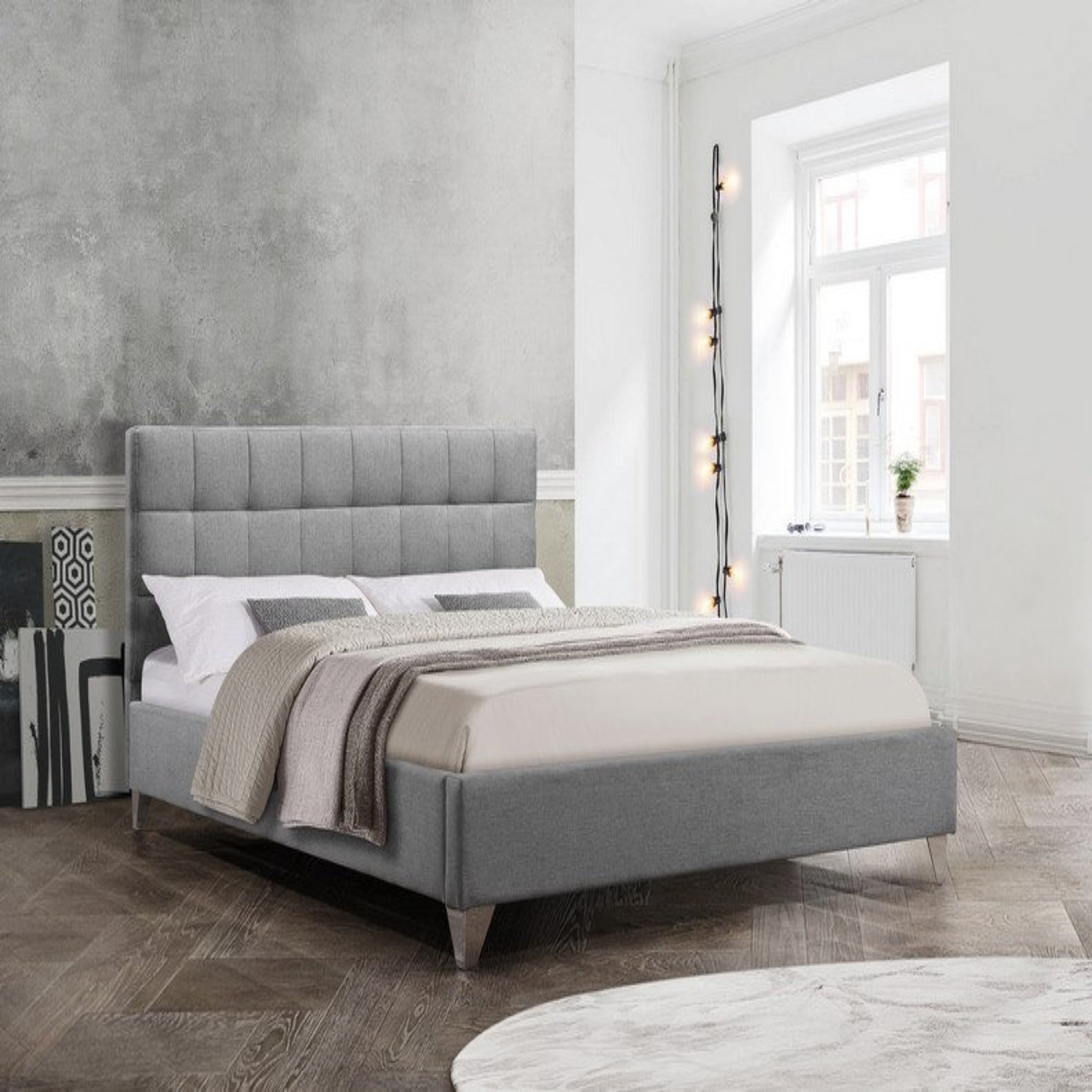IF-5710 Grey Upholstered Bed with Chrome Legs