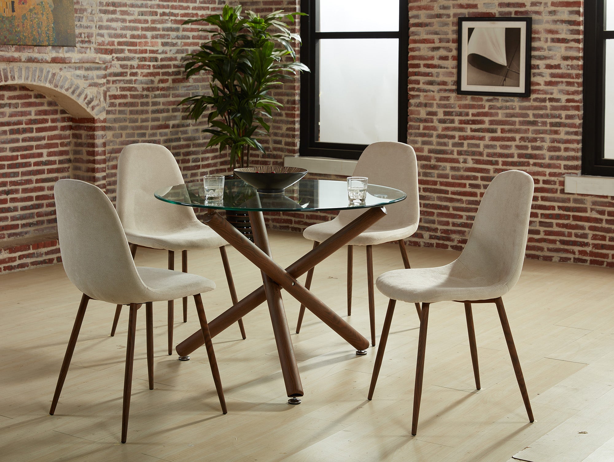 Chaise de salle à manger Lyna, lot de 4, beige et noyer