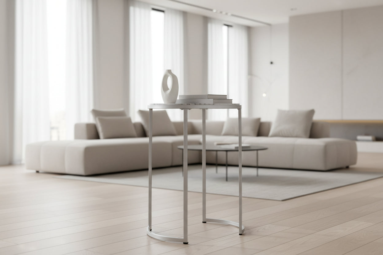 ACCENT TABLE - 24"H / WHITE MARBLE-LOOK / SILVER METAL