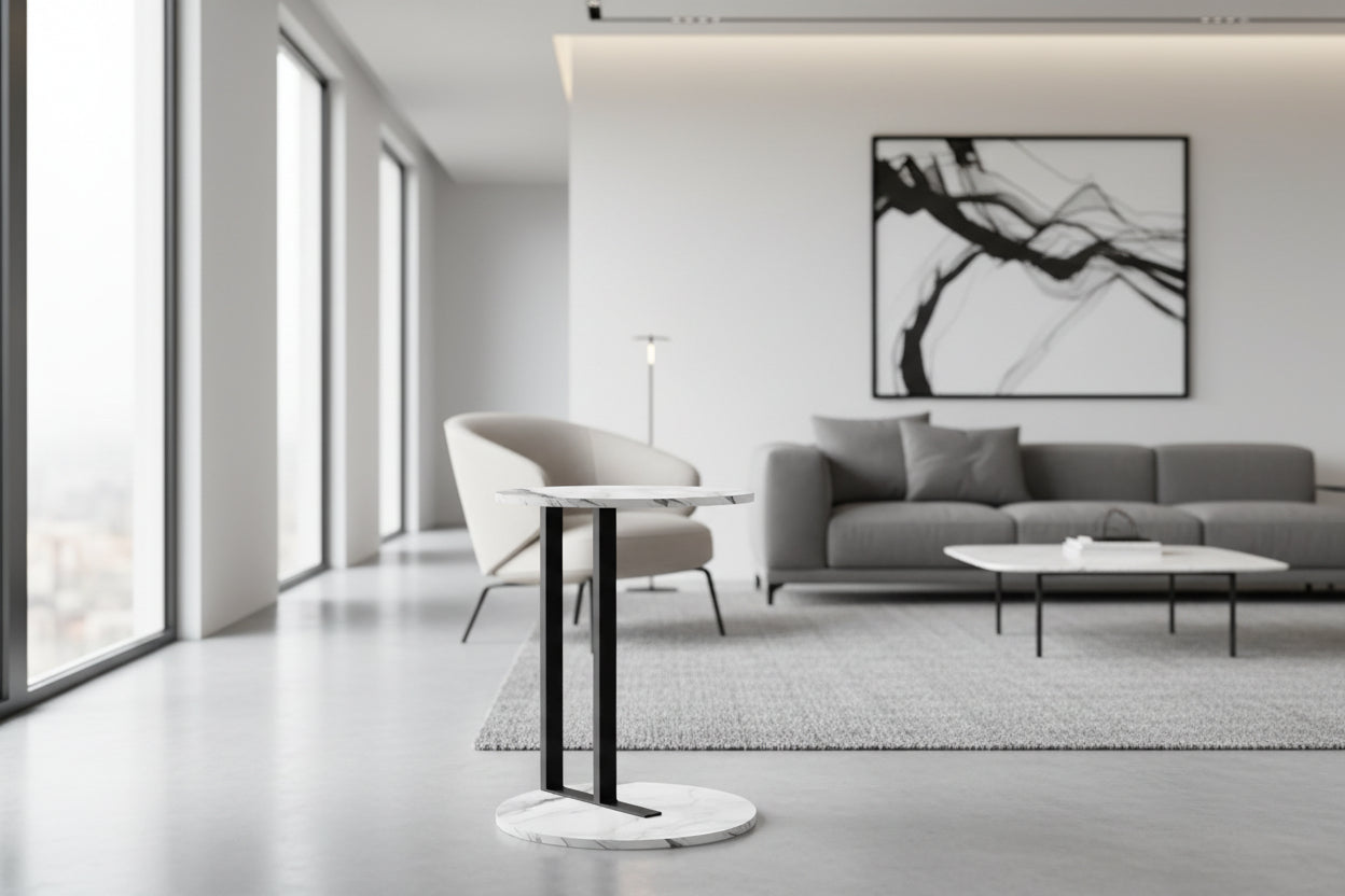 TABLE D'APPOINT - 24"H / ASPECT MARBRE BLANC / MÉTAL NOIR
