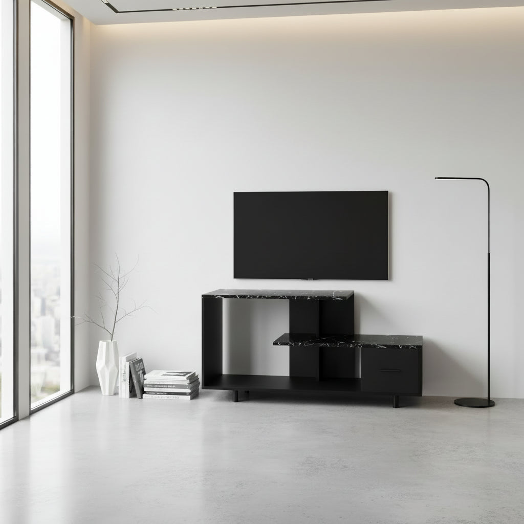 MEUBLE TV - 48"L / NOIR / DESSUS EN MARBRE NOIR / 1 TIROIR