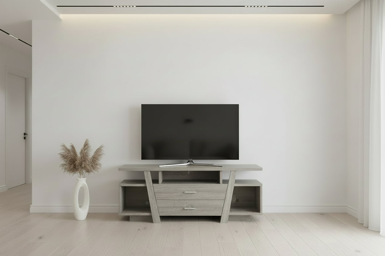 MEUBLE TV - 60"L / TAUPE FONCÉ AVEC 2 TIROIRS DE RANGEMENT
