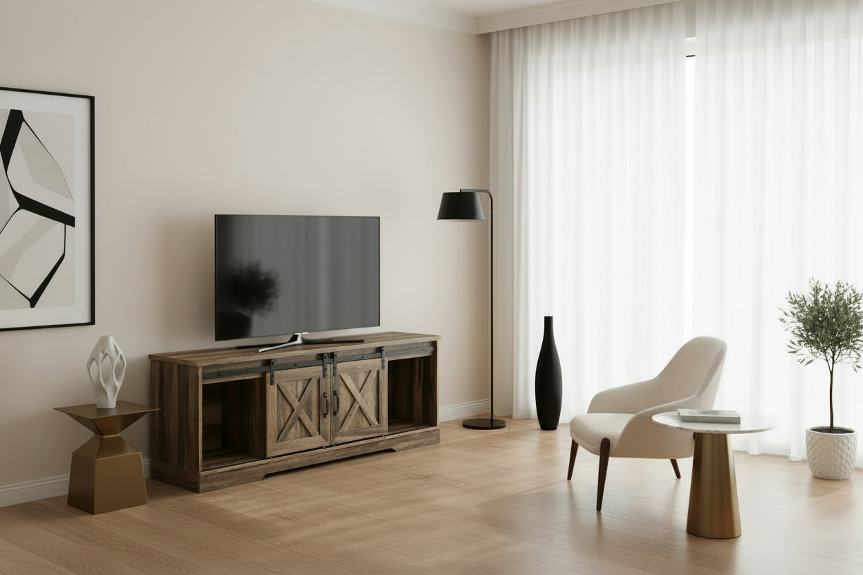 MEUBLE TV - 60" L / ASPECT RÉCUPÉRÉ BRUN / 2 PORTES COULISSANTES