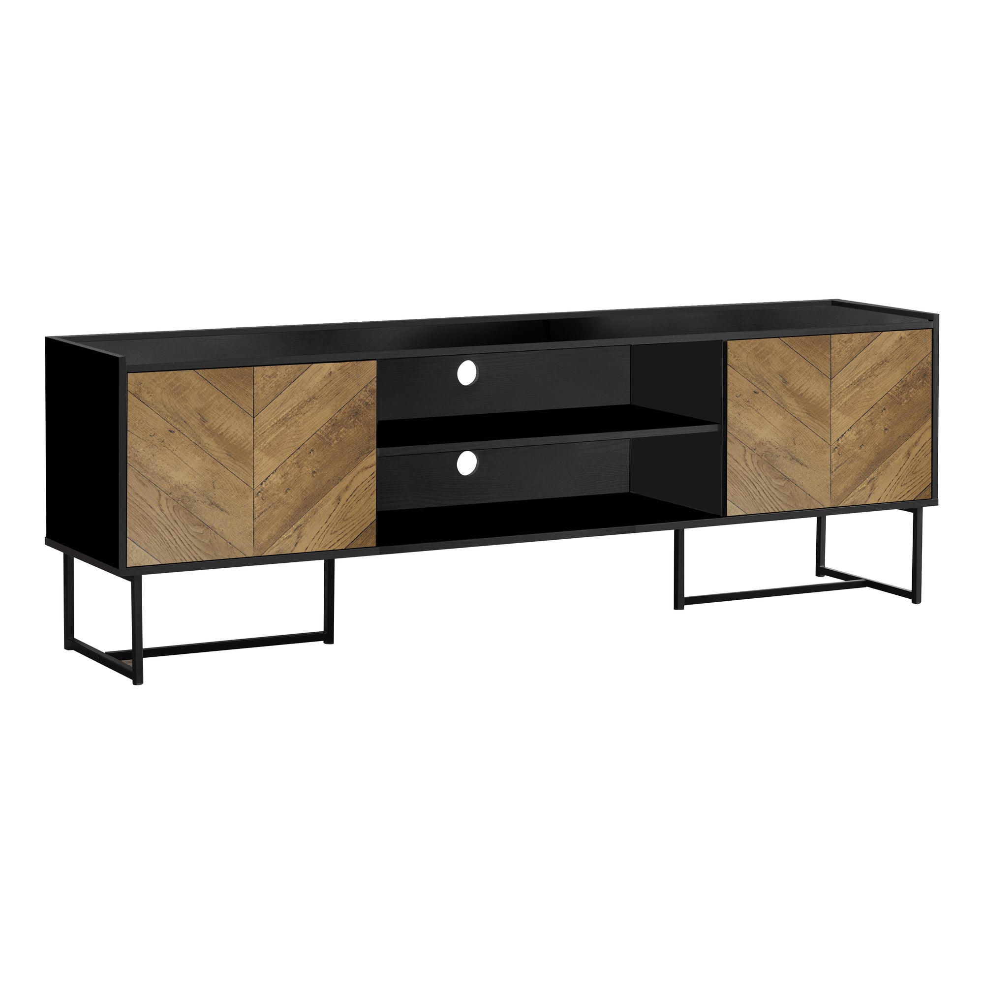 TV STAND - 72"L / BLACK / METAL WITH 2 WOOD-LOOK DOORS