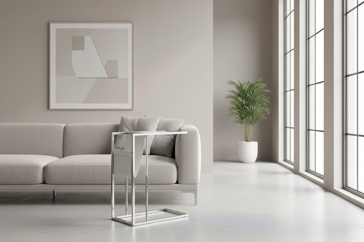 ACCENT TABLE - WHITE / CHROME METAL WITH A MAGAZINE RACK