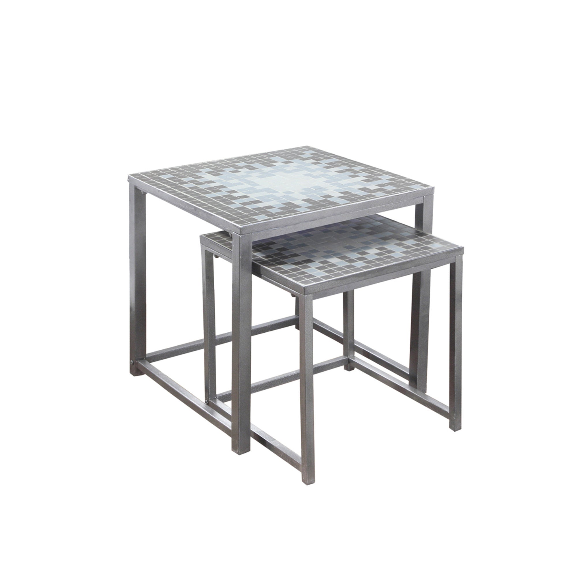 TABLES GIGOGNES - ENSEMBLE 2 PIÈCES / GRIS / PLATEAU CARREAUX BLEU / ARGENT
