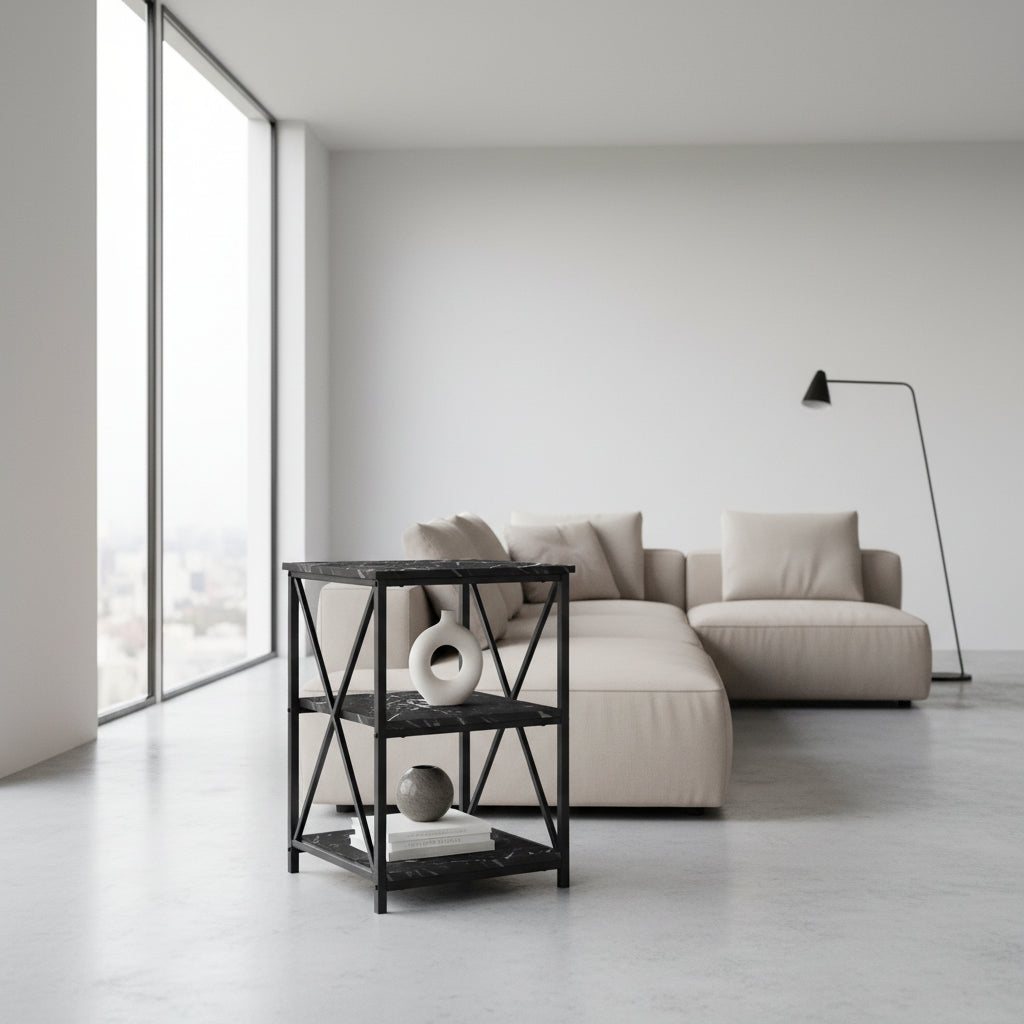 TABLE D'APPOINT - 26"H / MARBRE NOIR / MÉTAL NOIR