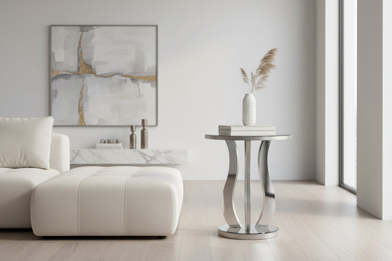 TABLE D'APPOINT - 20" DE DIAMÈTRE / ARGENT BROSSÉ / MIROIR