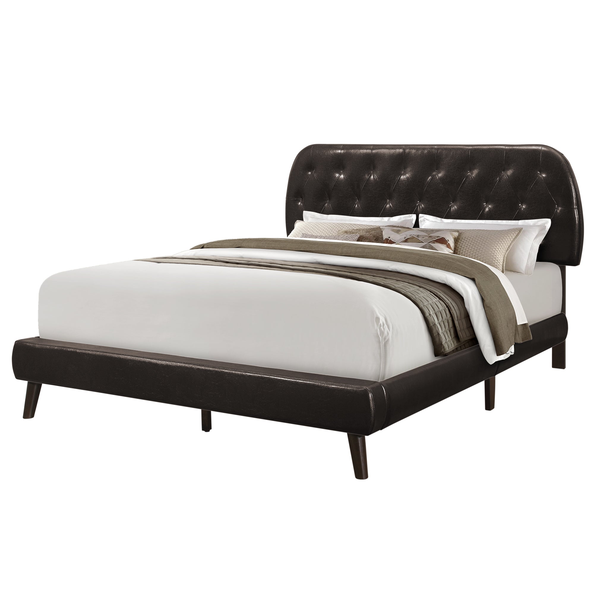 BED - QUEEN SIZE / BROWN LEATHER-LOOK WITH WOOD LEGS