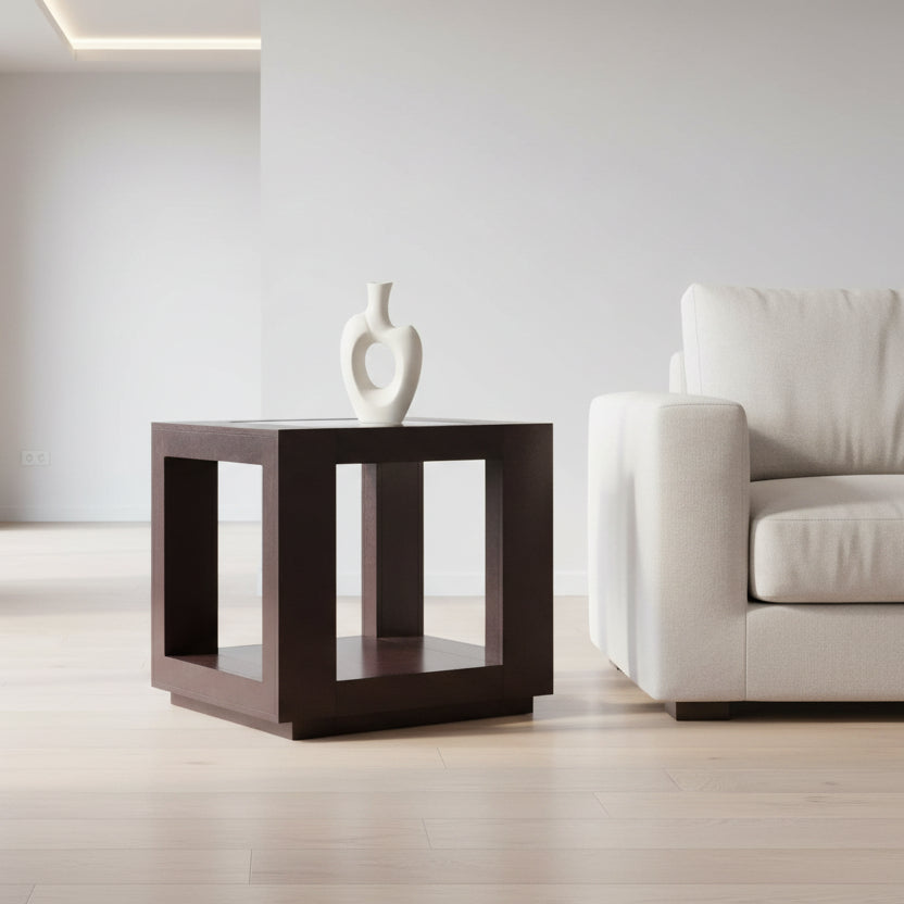 TABLE D'APPOINT - PLACAGE ESPRESSO AVEC INSERT EN VERRE