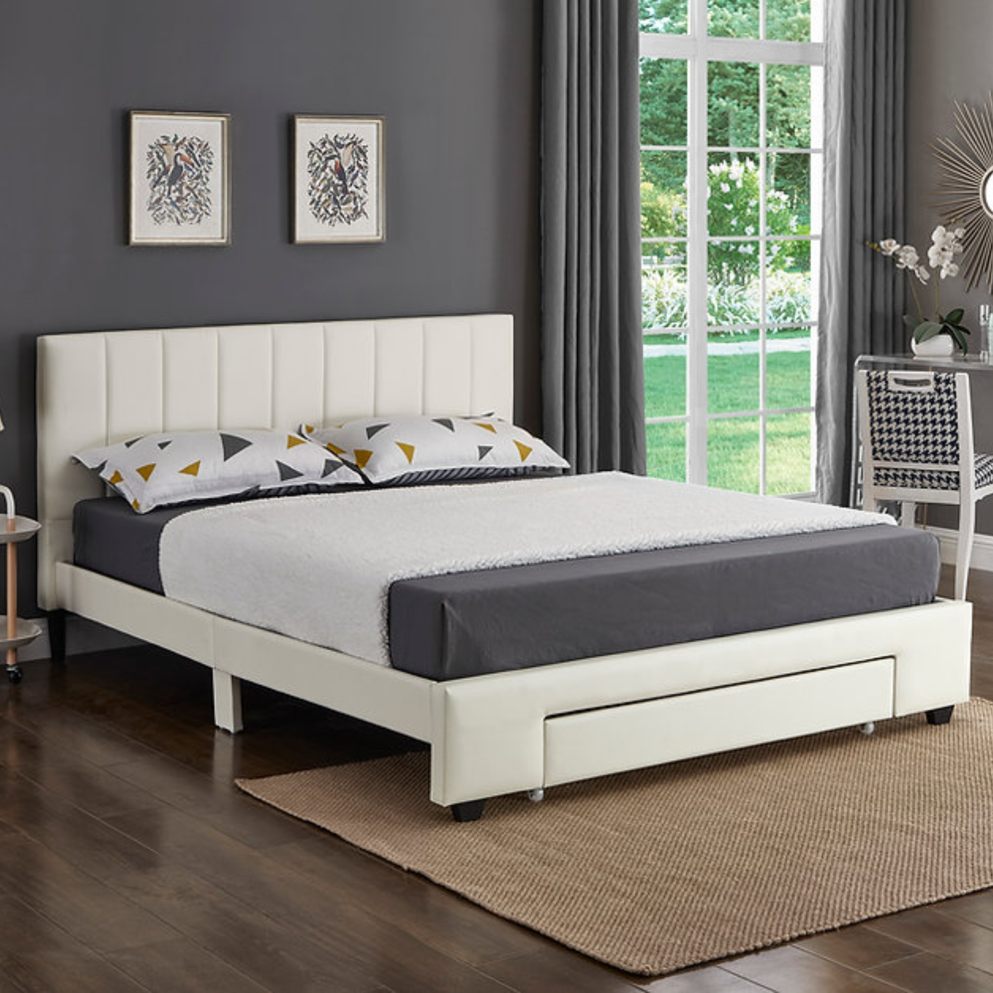 IF-5482 White PU Bed with Padded Headboard