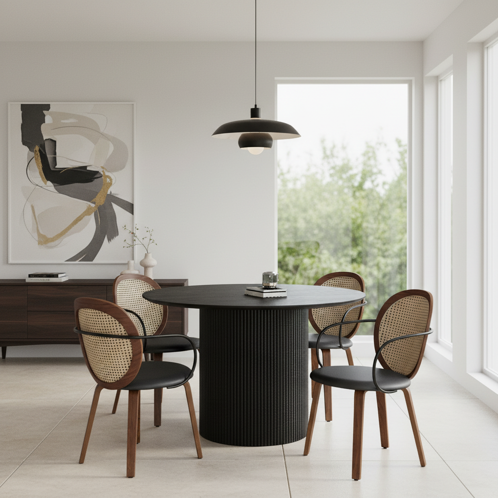 Tovas/Orias 5pc Dining Set - Black Round Table with Walnut Chair