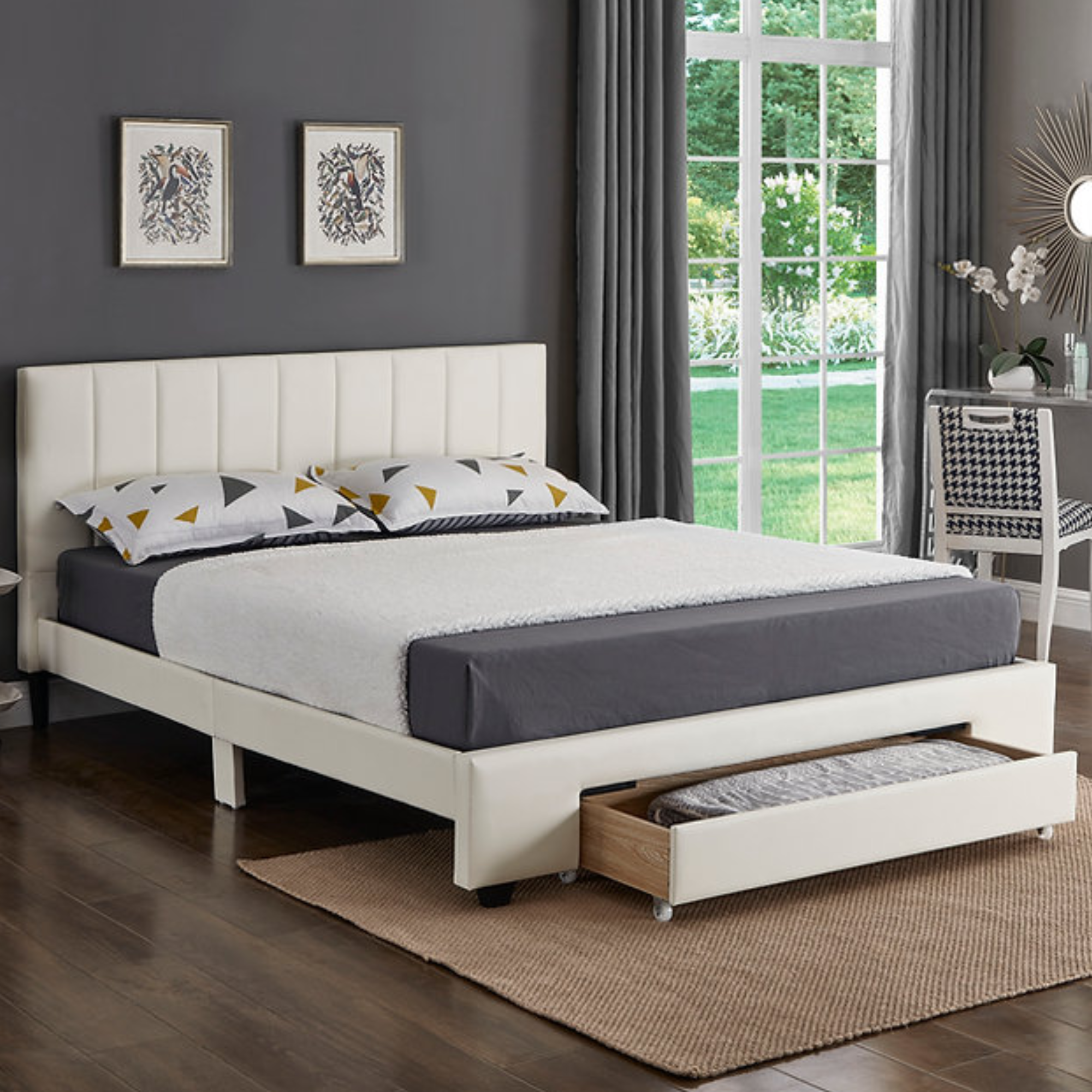 IF-5482 White PU Bed with Padded Headboard