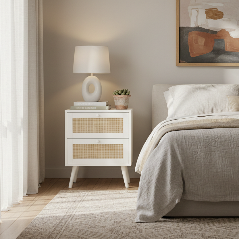 TABLE D'APPOINT - 24"H / TABLE D'APPOINT BLANCHE - 2 TIROIRS EN NOYER