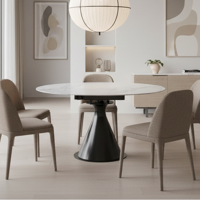 Table à manger ronde sur piédestal Calisto avec rallonge