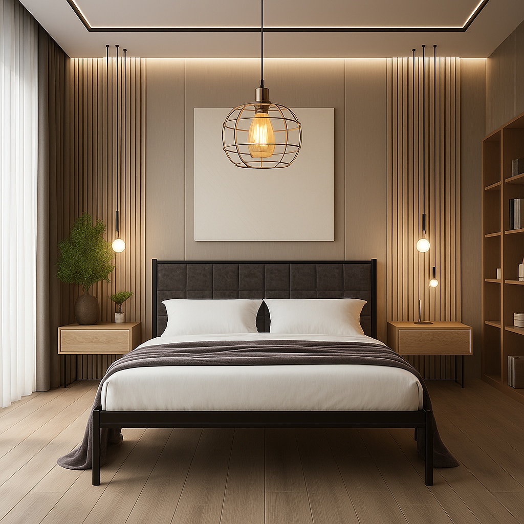 Lit IF-105 avec tête de lit rembourrée en tissu gris