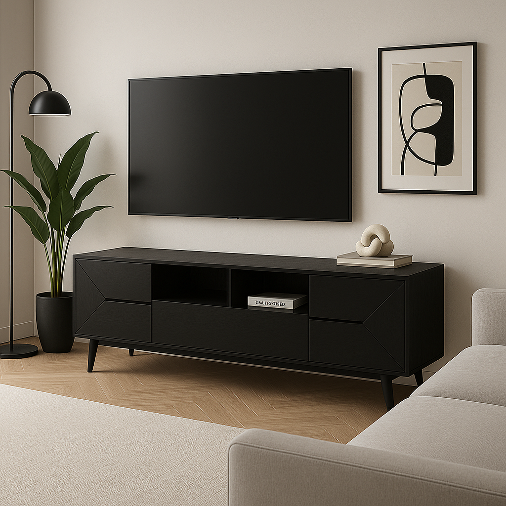 MEUBLE TV - 72"L / ASPECT BOIS NOIR AVEC RANGEMENT 