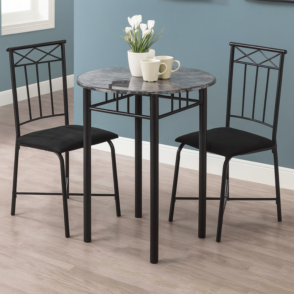 DINING SET - 3PCS SET / GREY MARBLE / CHARCOAL METAL