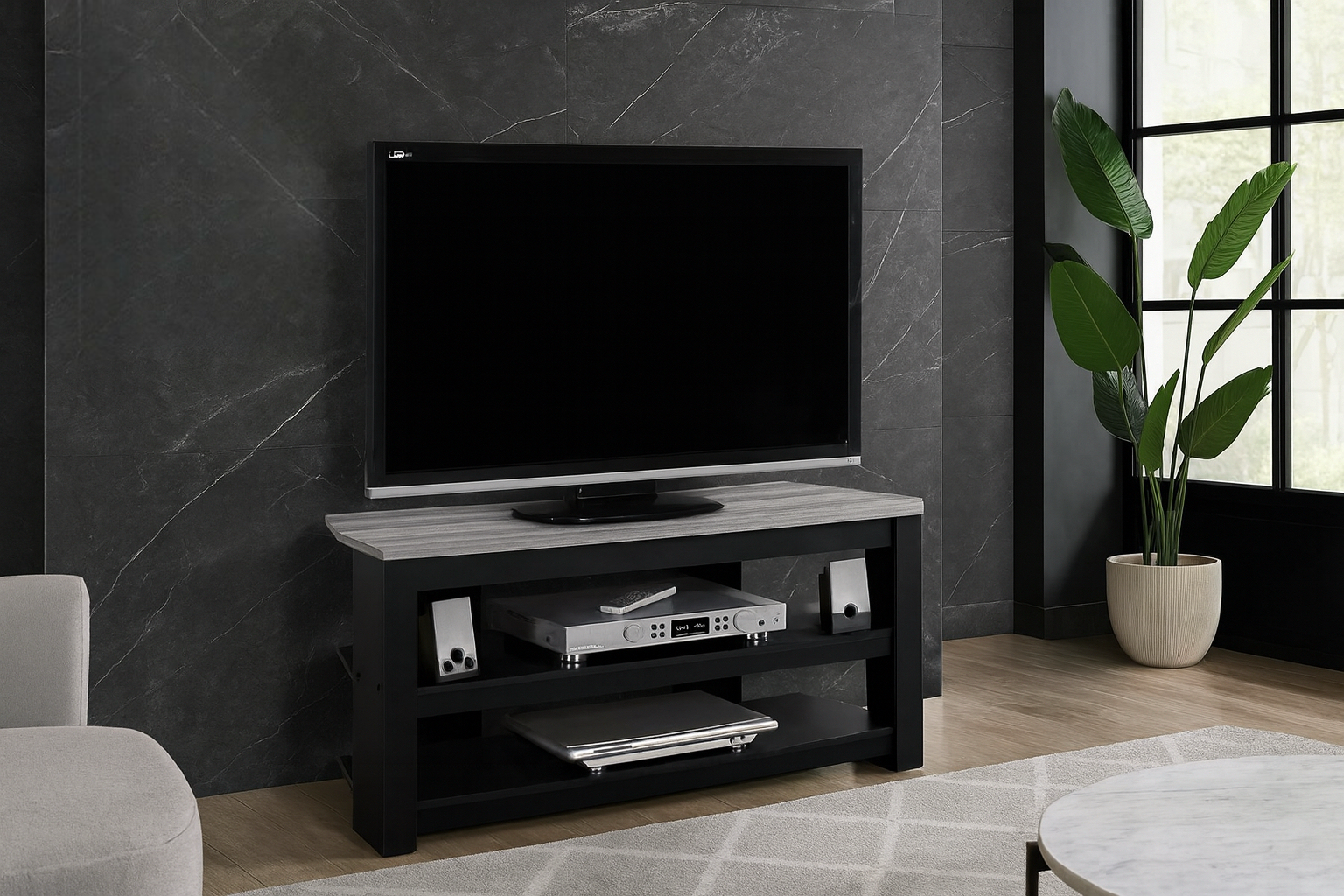TV STAND - 42"L / BLACK / GREY TOP CORNER