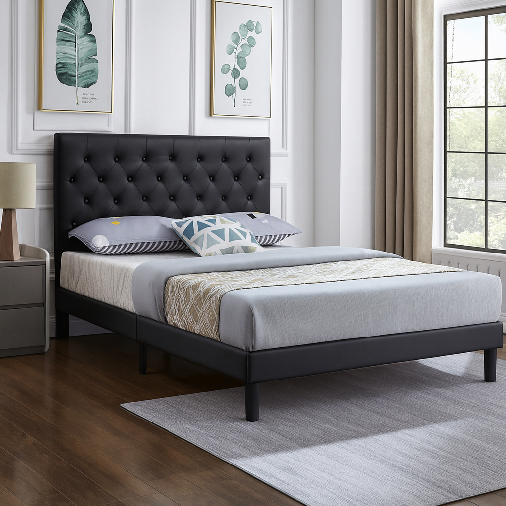 IF-5380 Black PU Bed with Button Tufting