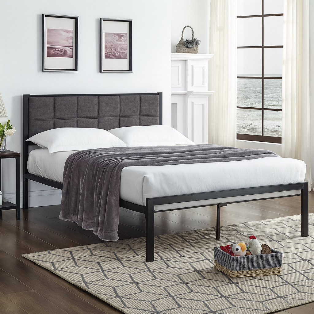 IF-105 Bed with Padded Grey Fabric Headboard