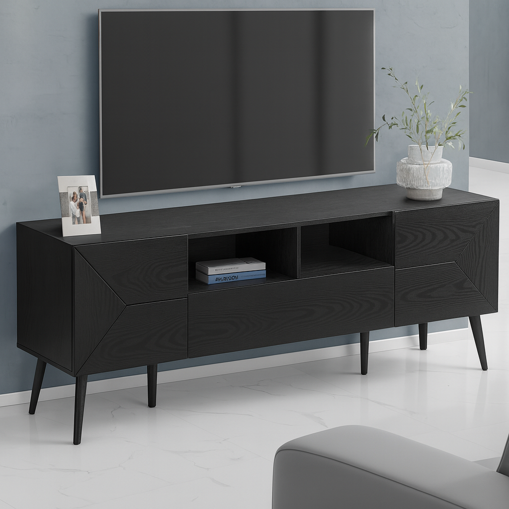 TV STAND - 72"L / BLACK WOOD-LOOK WITH STORAGE