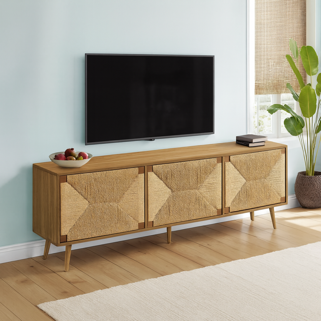 TV STAND - 72"L / LIGHT WALNUT / SEAGRASS WITH 3 DOORS