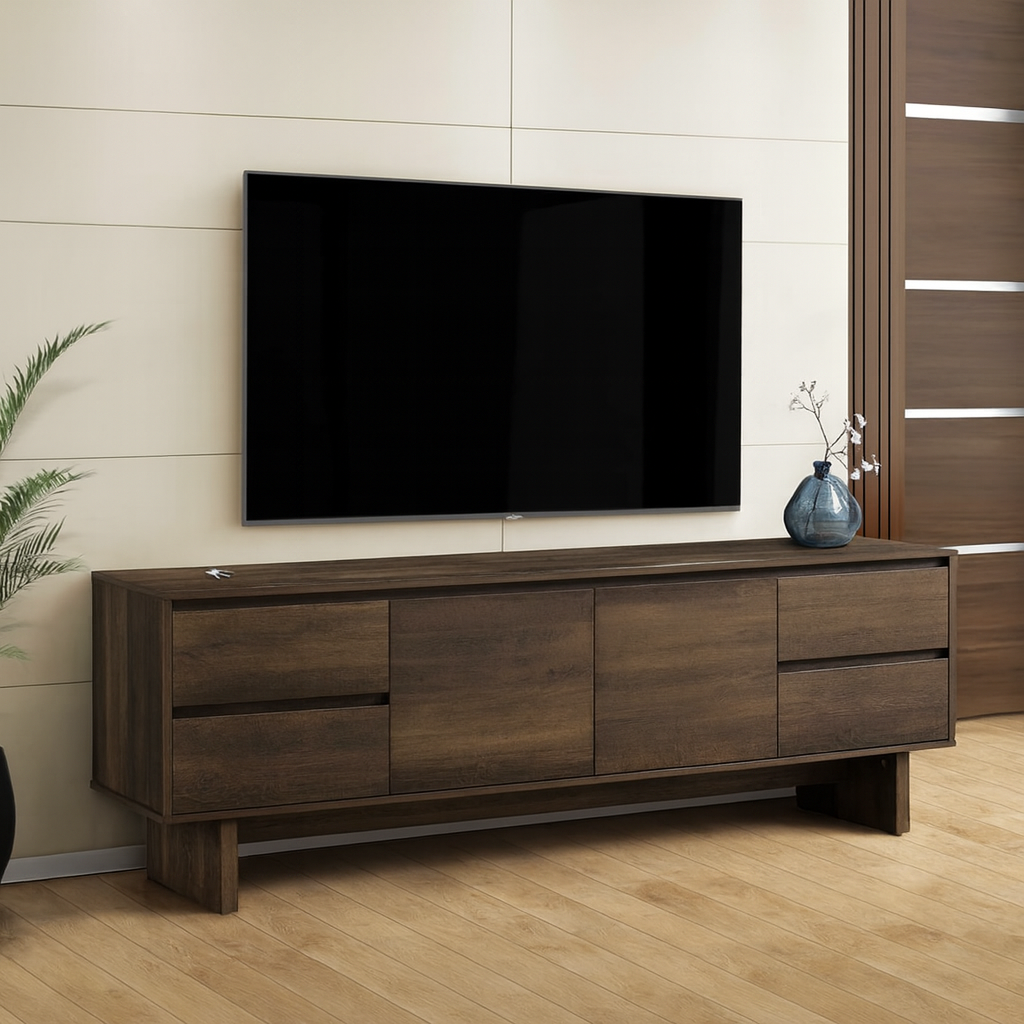 TV STAND - 72"L / DARK BROWN WOOD-LOOK WITH STORAGE