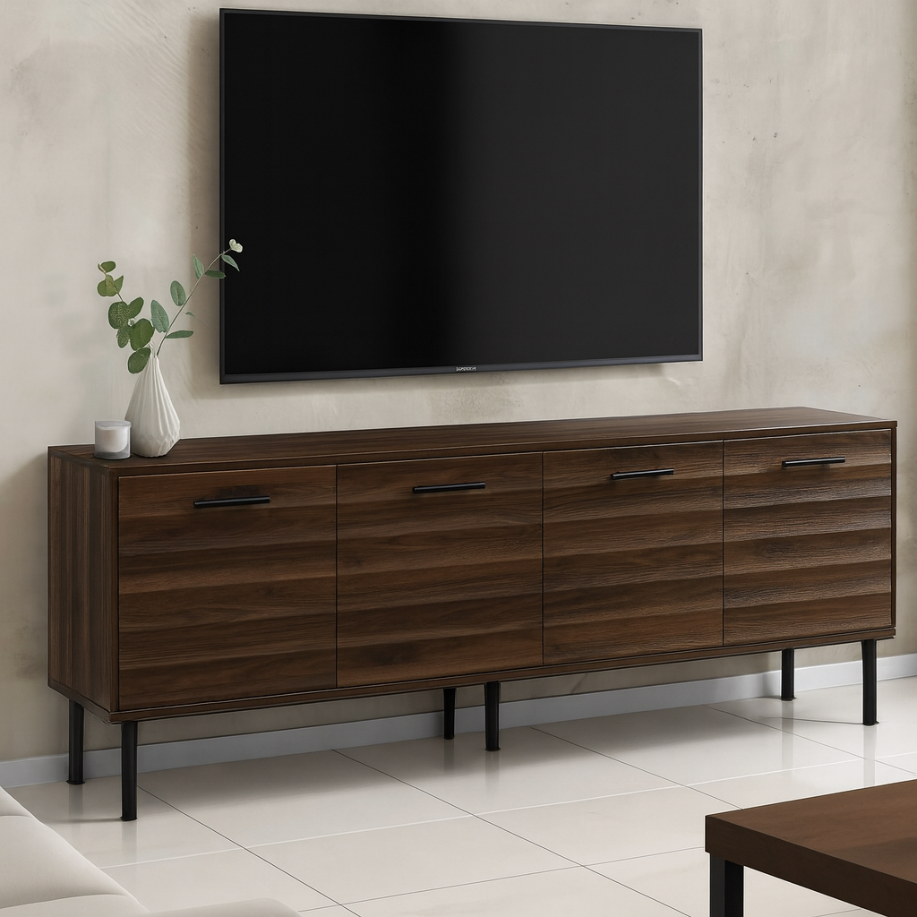 TV STAND - 72"L / DARK BROWN WOOD-LOOK WITH 4 DOORS