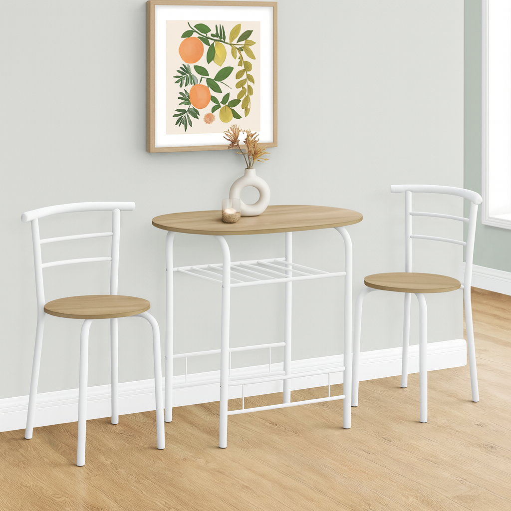 DINING SET - 3PCS SET / NATURAL TOP / WHITE METAL