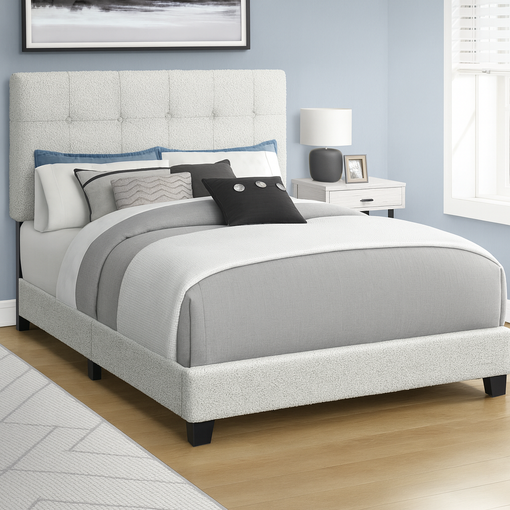 BOUCLE FABRIC UPHOLSTERED QUEEN SIZE BED FRAME
