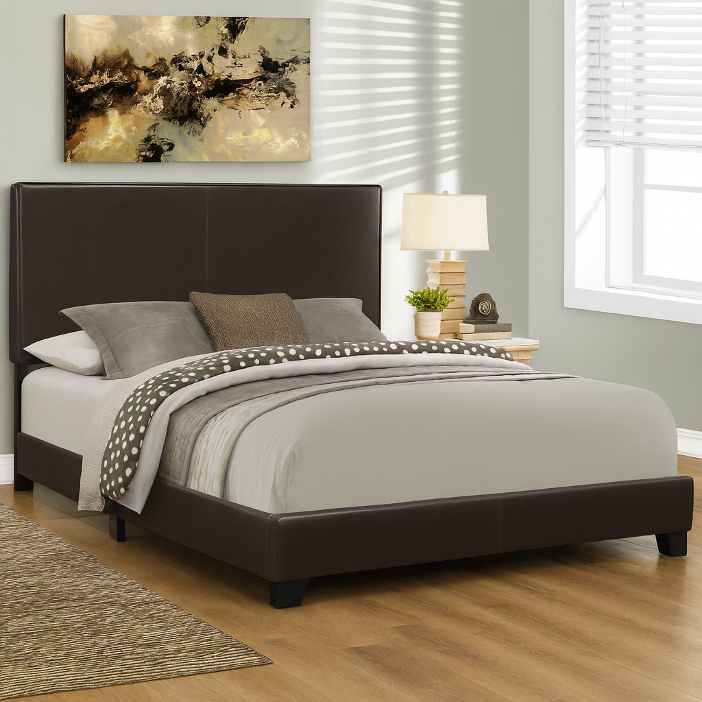 BED - QUEEN SIZE / DARK BROWN LEATHER-LOOK