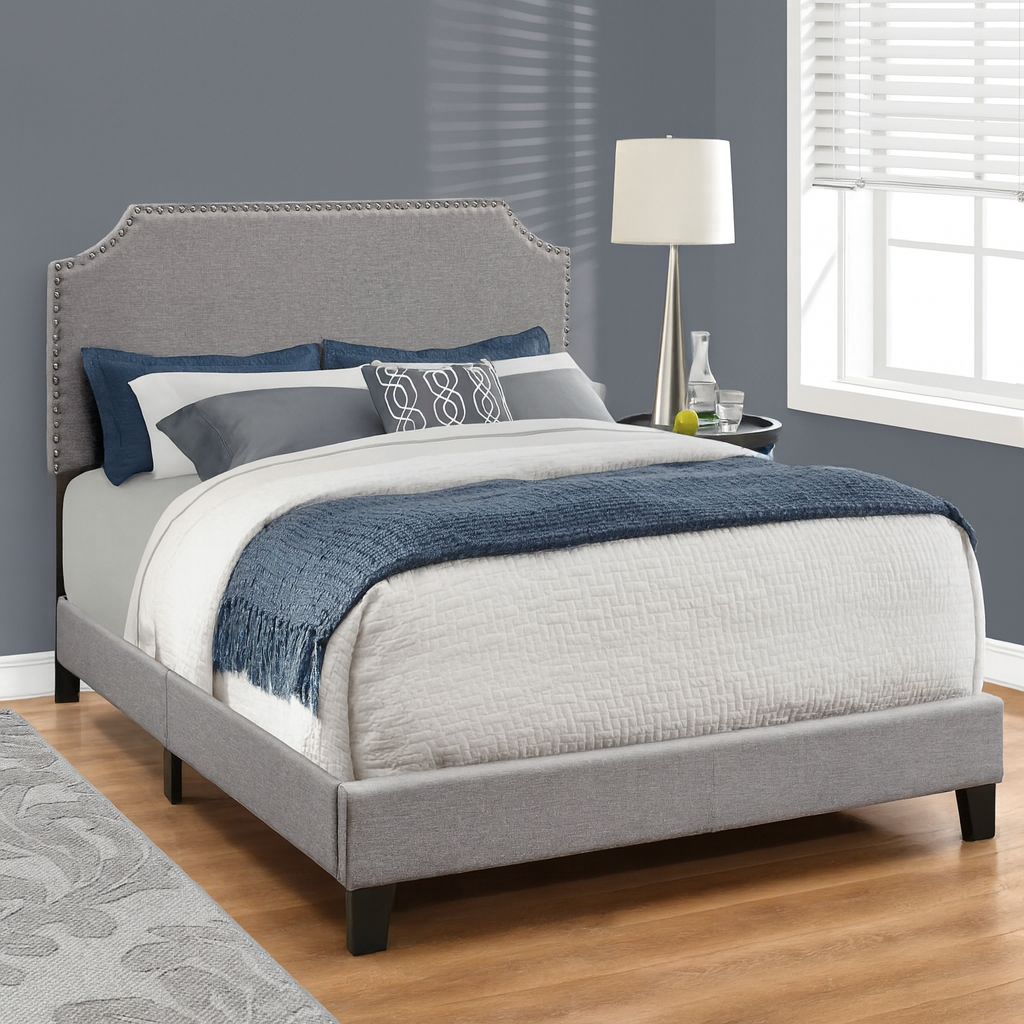 BED - QUEEN SIZE / GREY LINEN WITH CHROME TRIM