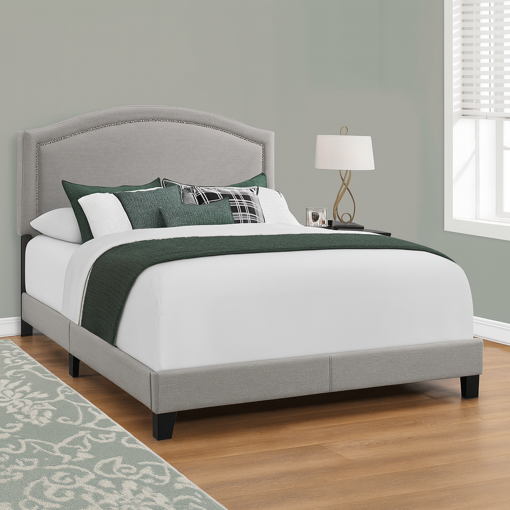 BED - QUEEN SIZE / GREY LINEN WITH CHROME TRIM