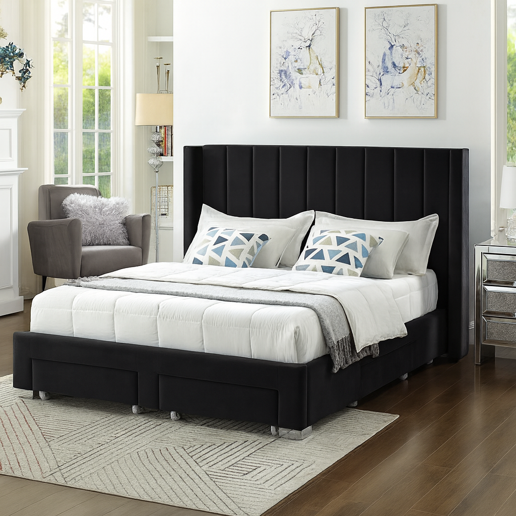 IF-5313 Black Velvet Fabric Wing Bed