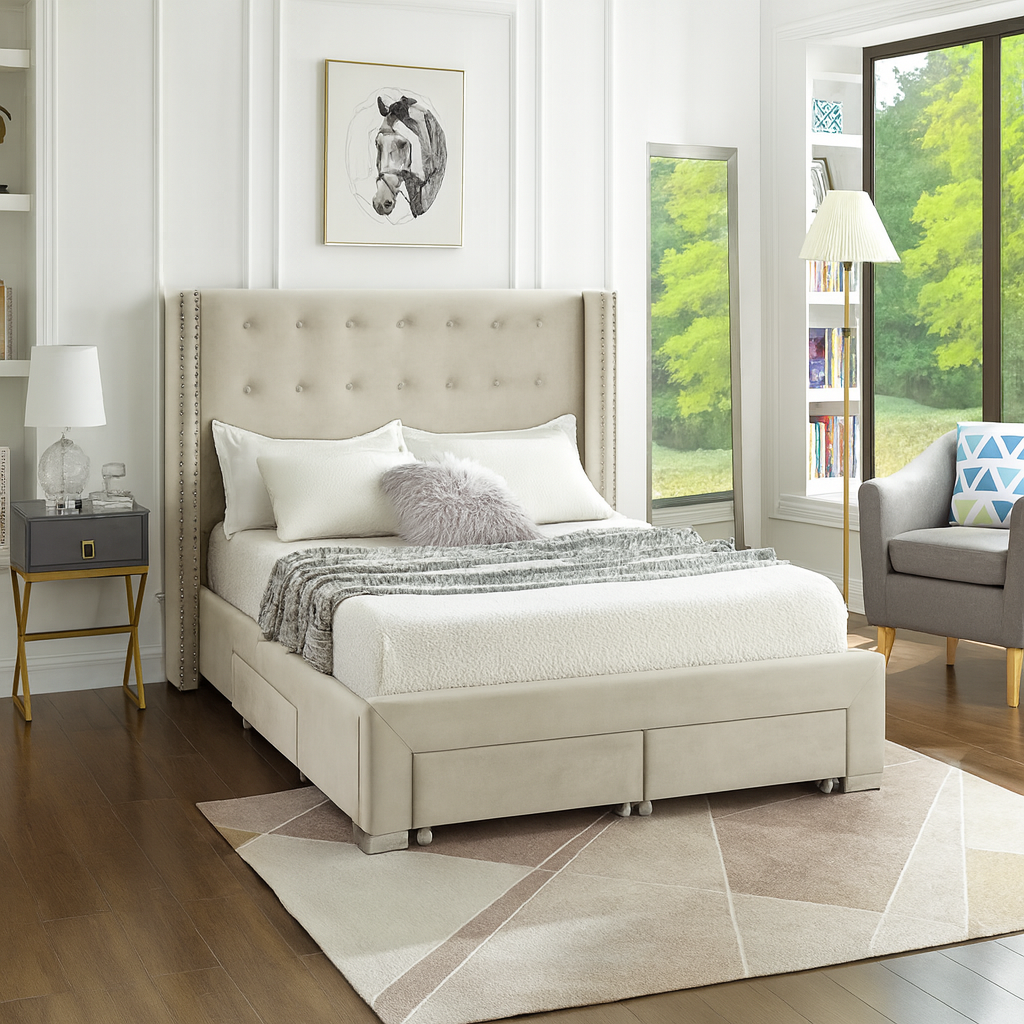 Beige upholstered bed with storage drawers in a modern bedroom setting.