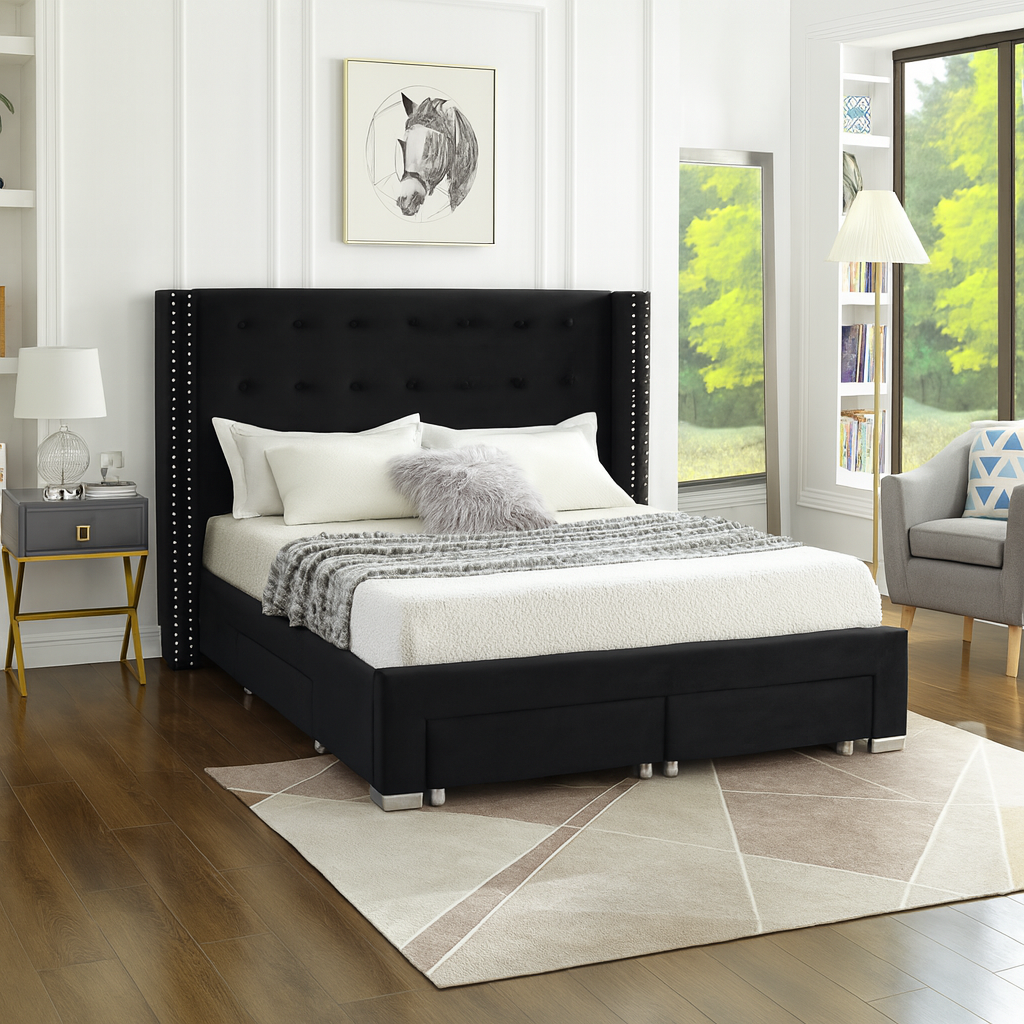 IF-5323 Black Velvet Fabric Bed