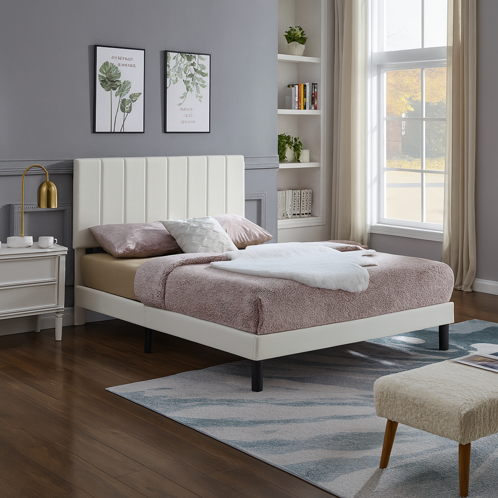 IF-5362 White PU Bed with Vertical Tufting