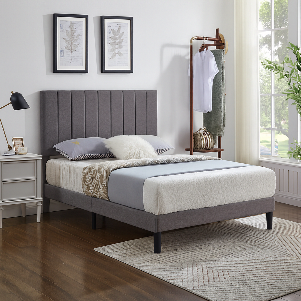 IF-5363 Grey Fabric Bed with Vertical Tufting