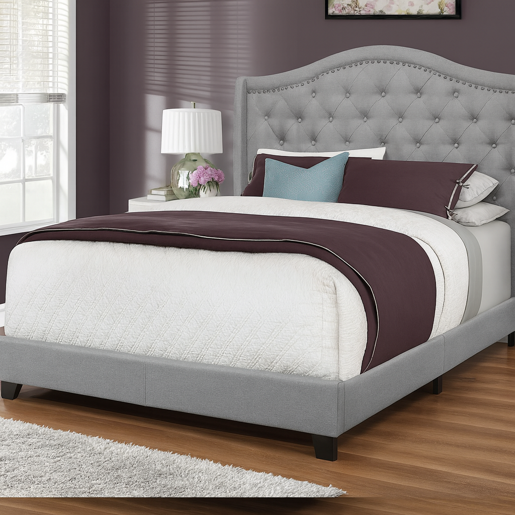 BED - QUEEN SIZE / GREY LINEN WITH CHROME TRIM