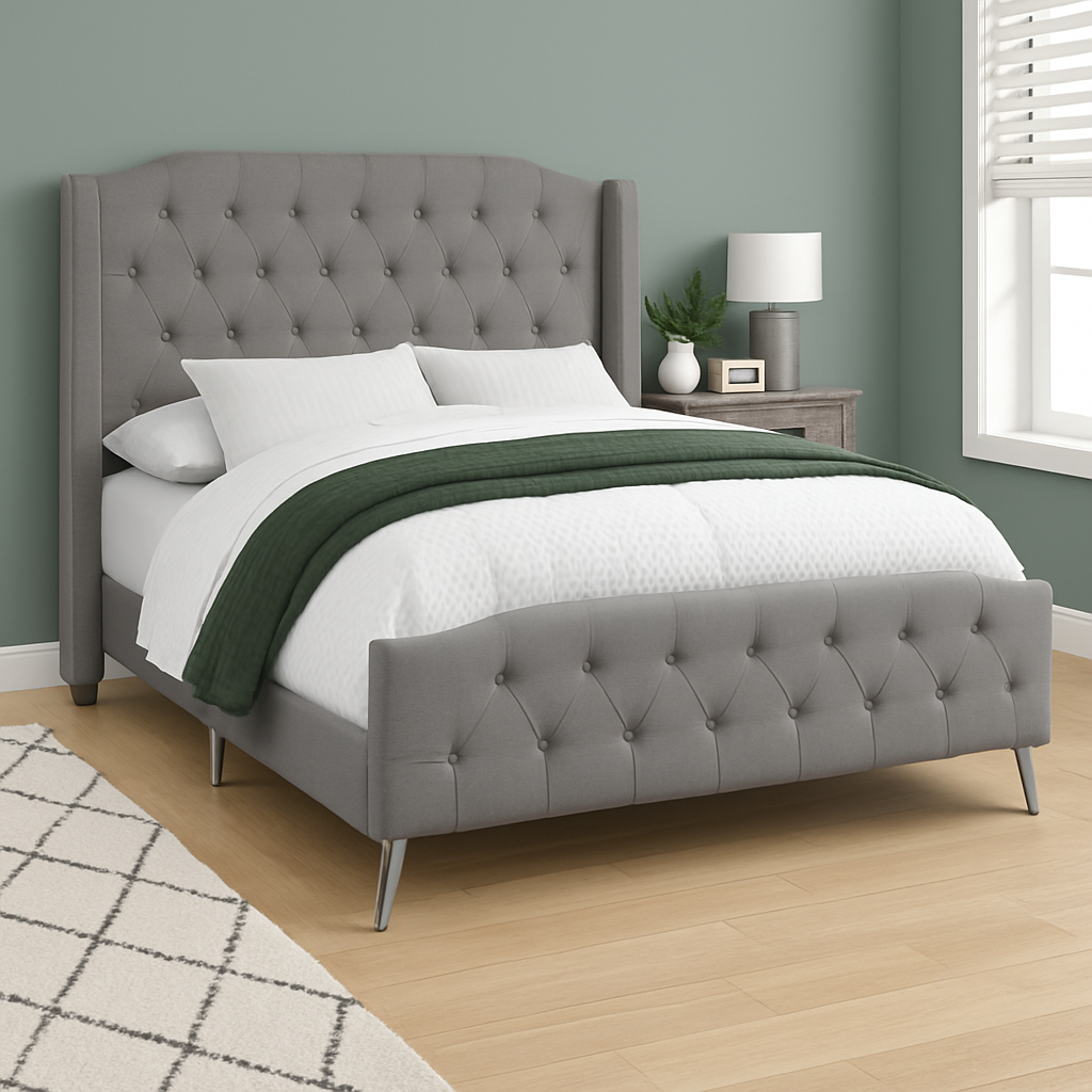 BED - QUEEN SIZE / GREY LINEN WITH CHROME METAL LEGS