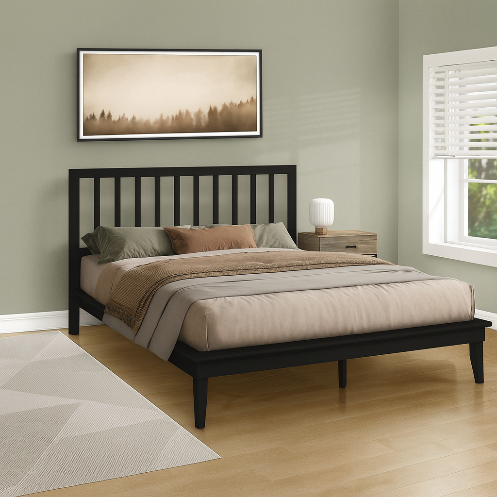 BED - QUEEN SIZE / BLACK SOLID WOOD PLATFORM