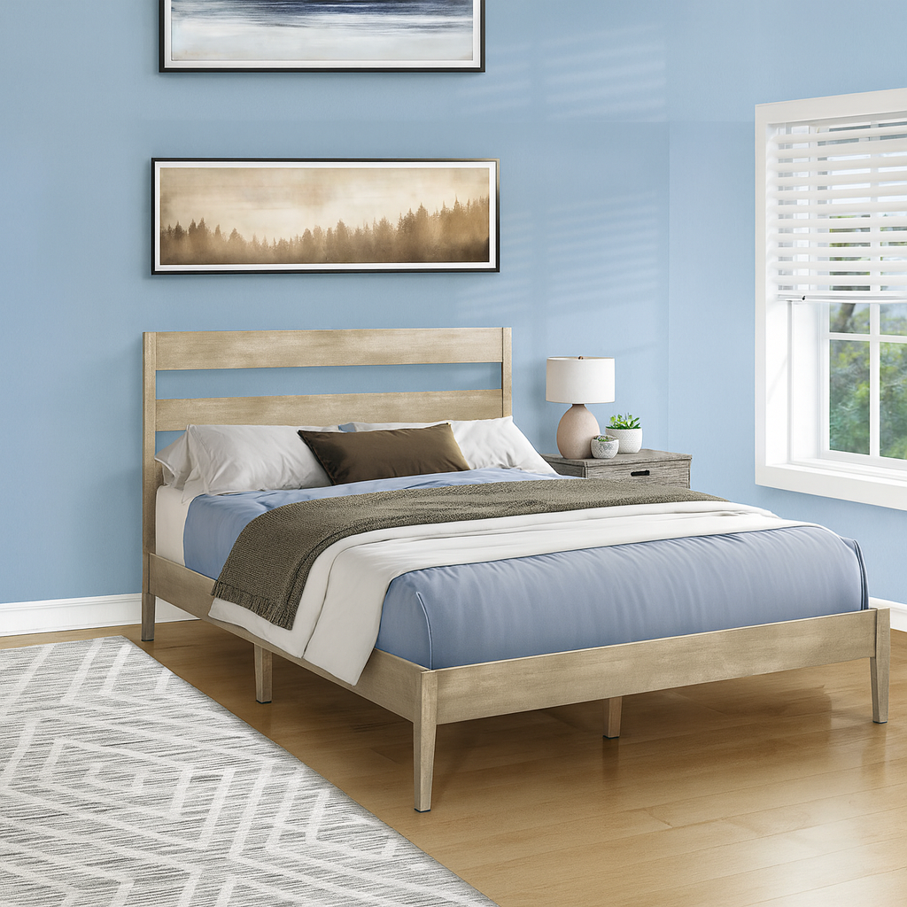 BED - QUEEN SIZE / GREY SOLID WOOD PLATFORM