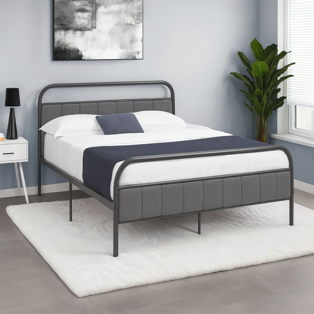 BED - QUEEN SIZE / GREY FABRIC / BLACK METAL PLATFORM