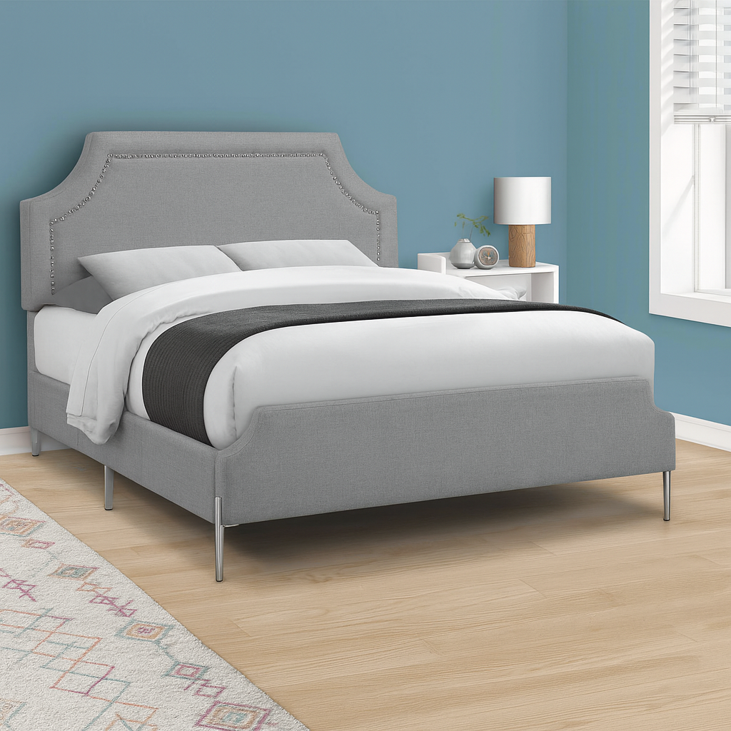 BED - QUEEN SIZE / GREY LINEN WITH CHROME METAL LEGS