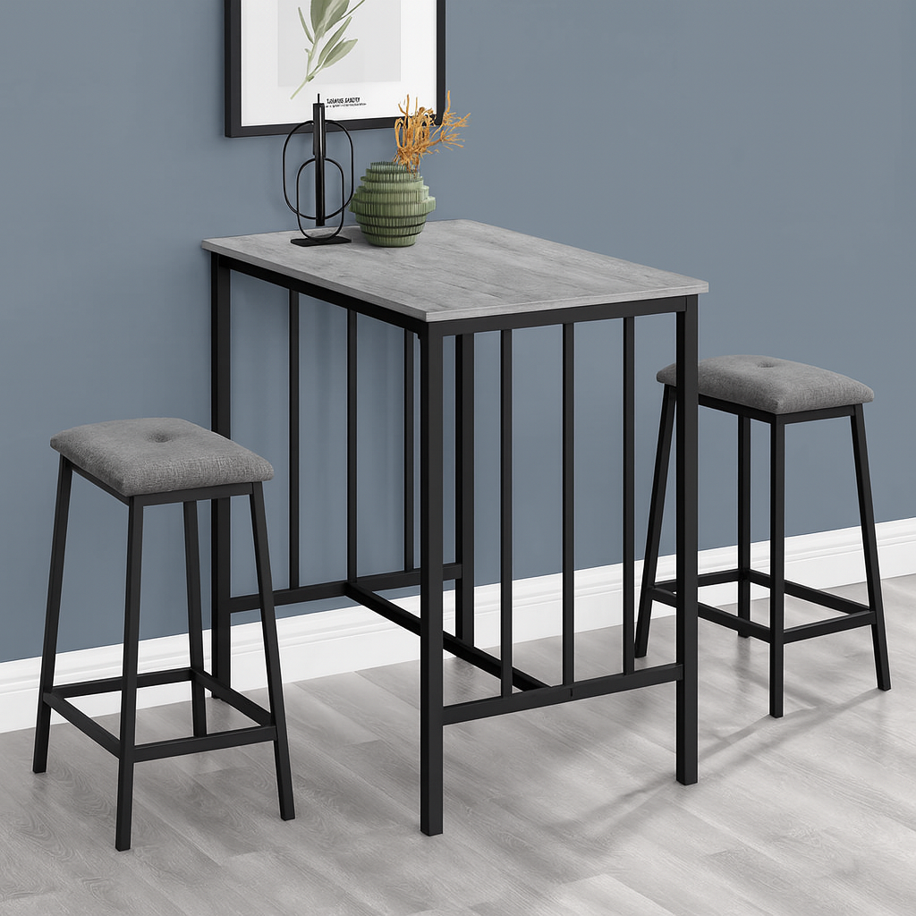 DINING SET - 3PCS COUNTER HEIGHT / GREY TOP / BLACK METAL